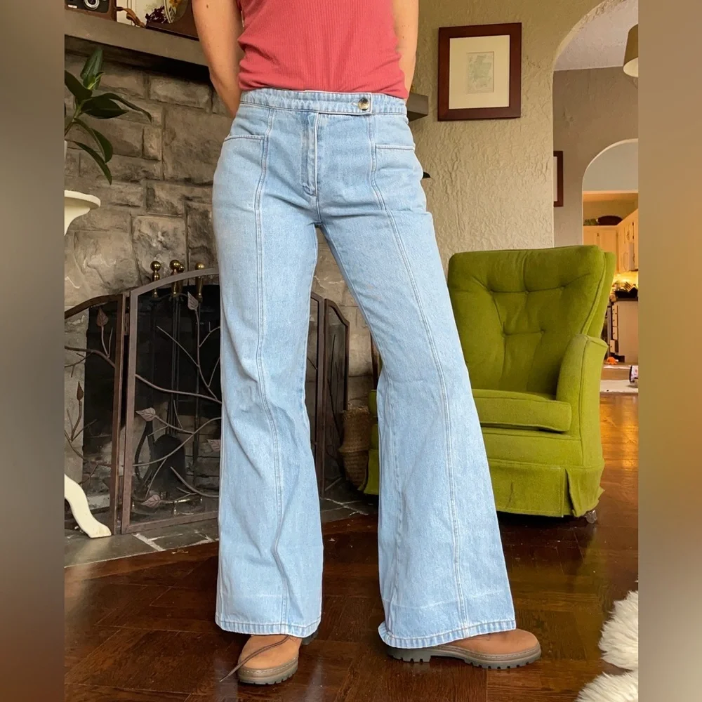 Y2K wide leg flare jeans light wash all cotton denim bare back yoke - Picture 3 of 8